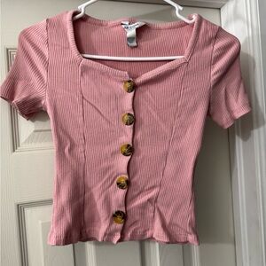 Arizona Jean Company Pink Button-Down Ribbed Top